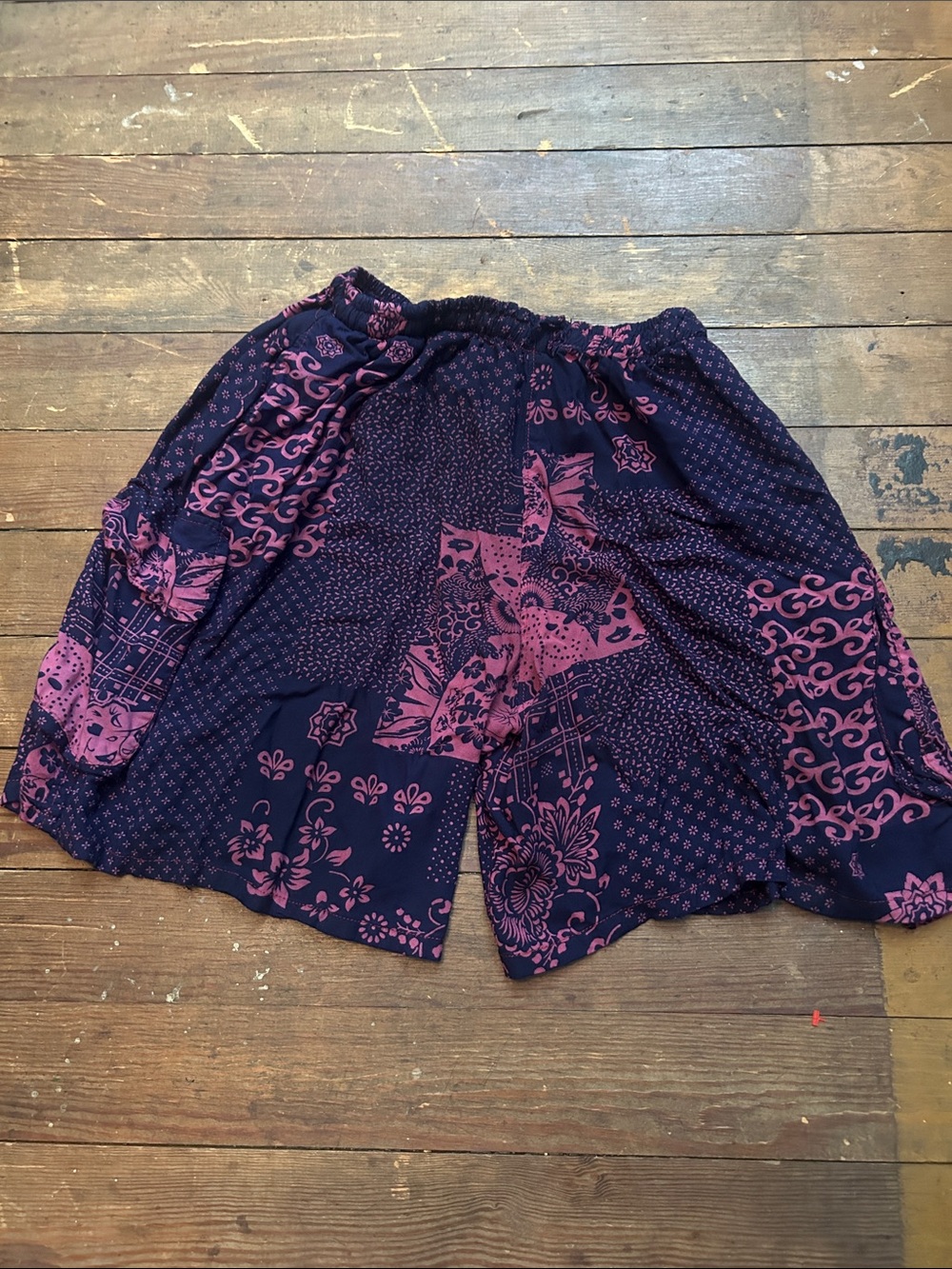 Navy and Magenta Patchwork Cozy House Shorts with Dual Velcro Pockets